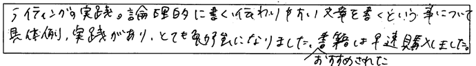 ライティングの実践、論理的に書く、伝わりやすい文章を書く、ということについて具体例、実践がありとても勉強になりました。おすすめされた書籍はさっそく購入しました。