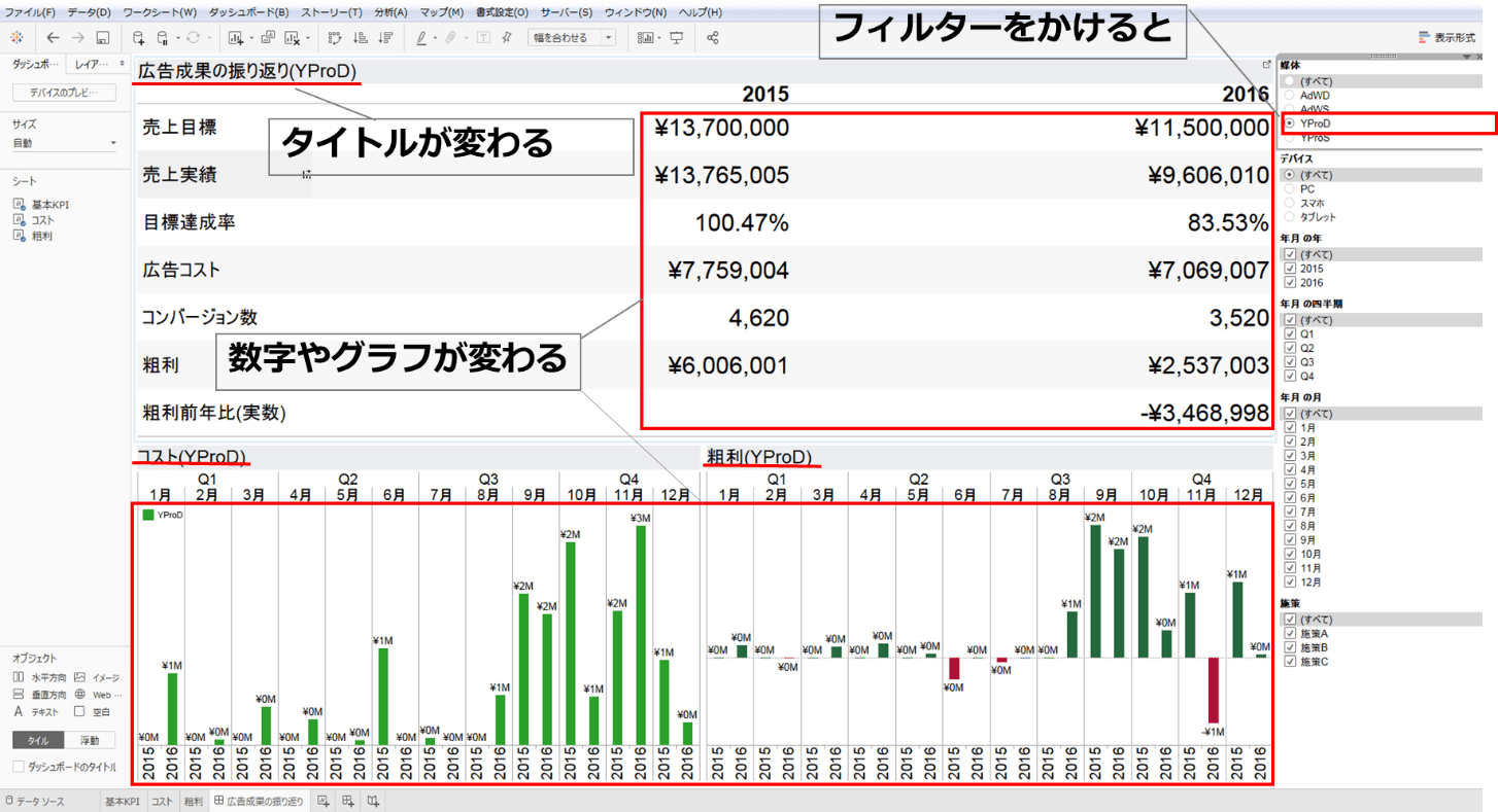フィルターをかけると表示が切り替わる