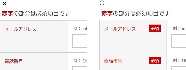 【図9】必須かどうかを赤色で区別している例。必ずテキストなどと合わせて区別する